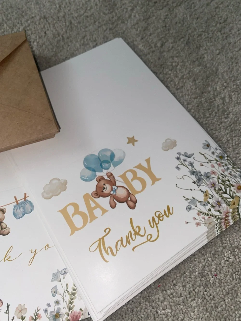 24 Baby Shower Thank You Cards With Envelopes Teddy Bears Floral Brown Blue